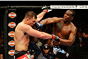 NEWARK, NJ - APRIL 27:  Ovince Saint Preux (R) punches Gian Villante (L) in their light heavyweight bout during the UFC 159 event at the Prudential Center on April 27, 2013 in Newark, New Jersey.  (Photo by Al Bello/Zuffa LLC/Zuffa LLC Via Getty Images)