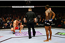 NEWARK, NJ - APRIL 27: Gian Villante (R) reacts after getting poked in the eye while fighting against Ovince Saint Preux (R) in their light heavyweight bout during the UFC 159 event at the Prudential Center on April 27, 2013 in Newark, New Jersey.  (Photo by Al Bello/Zuffa LLC/Zuffa LLC Via Getty Images)