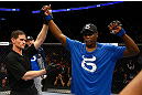 NEWARK, NJ - APRIL 27: Ovince Saint Preux is announced winner by majority technical decision against Gian Villante in their light heavyweight bout during the UFC 159 event at the Prudential Center on April 27, 2013 in Newark, New Jersey.  (Photo by Al Bello/Zuffa LLC/Zuffa LLC Via Getty Images)
