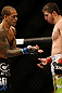 NEWARK, NJ - APRIL 27:   (L-R) Yancy Medeiros shows opponent Rustam Khabilov his dislocated thumb suffered in their lightweight fight during the UFC 159 event at the Prudential Center on April 27, 2013 in Newark, New Jersey.  (Photo by Josh Hedges/Zuffa LLC/Zuffa LLC via Getty Images)