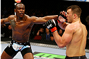 NEWARK, NJ - APRIL 27:  (L-R) Ovince Saint Preux throws a punch against Gian Villante in their light heavyweight bout during the UFC 159 event at the Prudential Center on April 27, 2013 in Newark, New Jersey.  (Photo by Al Bello/Zuffa LLC/Zuffa LLC Via Getty Images)