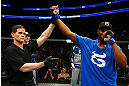 NEWARK, NJ - APRIL 27:  Ovince Saint Preux is announced winner by majority technical decision against Gian Villante in their light heavyweight bout during the UFC 159 event at the Prudential Center on April 27, 2013 in Newark, New Jersey.  (Photo by Al Bello/Zuffa LLC/Zuffa LLC Via Getty Images)