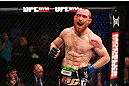 NEWARK, NJ - APRIL 27:  Pat Healy celebrates defeating Jim Miller by Technical Submission (Rear-Naked Choke) in their lightweight bout during the UFC 159 event at the Prudential Center on April 27, 2013 in Newark, New Jersey.  (Photo by Al Bello/Zuffa LLC/Zuffa LLC Via Getty Images)