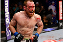 NEWARK, NJ - APRIL 27:  Pat Healy celebrates defeating Jim Miller by Technical Submission (Rear-Naked Choke) in their lightweight bout during the UFC 159 event at the Prudential Center on April 27, 2013 in Newark, New Jersey.  (Photo by Al Bello/Zuffa LLC/Zuffa LLC Via Getty Images)