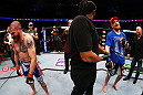 NEWARK, NJ - APRIL 27:  Referee Herb Dean (C),  Pat Healy (R) and Jim Miller (L) react after Bruce Buffer announces the wrong winner after their lightweight bout during the UFC 159 event at the Prudential Center on April 27, 2013 in Newark, New Jersey.   Pat Healy won by Technical Submission (rear-naked choke) in the third round. (Photo by Al Bello/Zuffa LLC/Zuffa LLC Via Getty Images)