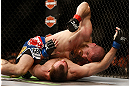 NEWARK, NJ - APRIL 27:   Jim Miller (top) punches Pat Healy in their lightweight fight during the UFC 159 event at the Prudential Center on April 27, 2013 in Newark, New Jersey.  (Photo by Josh Hedges/Zuffa LLC/Zuffa LLC via Getty Images)