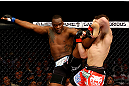 NEWARK, NJ - APRIL 27:  (L-R) Ovince Saint Preux battles against Gian Villante in their light heavyweight bout during the UFC 159 event at the Prudential Center on April 27, 2013 in Newark, New Jersey.  (Photo by Al Bello/Zuffa LLC/Zuffa LLC Via Getty Images)
