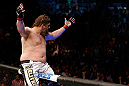 NEWARK, NJ - APRIL 27:   Roy Nelson reacts after his knockout victory over Cheick Kongo in their heavyweight fight during the UFC 159 event at the Prudential Center on April 27, 2013 in Newark, New Jersey.  (Photo by Josh Hedges/Zuffa LLC/Zuffa LLC via Getty Images)
