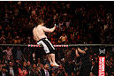 NEWARK, NJ - APRIL 27:   Roy Nelson reacts after his knockout victory over Cheick Kongo in their heavyweight fight during the UFC 159 event at the Prudential Center on April 27, 2013 in Newark, New Jersey.  (Photo by Josh Hedges/Zuffa LLC/Zuffa LLC via Getty Images)