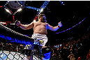 NEWARK, NJ - APRIL 27:  Roy Nelson celebrates his win by knockout against Cheick Kongo of France in their heavyweight bout during the UFC 159 event at the Prudential Center on April 27, 2013 in Newark, New Jersey.  (Photo by Al Bello/Zuffa LLC/Zuffa LLC Via Getty Images)