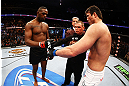 NEWARK, NJ - APRIL 27:  Jon Jones and Chael Sonnen shake hands before their light heavyweight championship bout during the UFC 159 event at the Prudential Center on April 27, 2013 in Newark, New Jersey.  (Photo by Al Bello/Zuffa LLC/Zuffa LLC Via Getty Images)