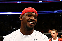 NEWARK, NJ - APRIL 27:  Jon Jones smiles as Pat Healy is announced winner by knockout against Chael Sonnen after their light heavyweight championship bout during the UFC 159 event at the Prudential Center on April 27, 2013 in Newark, New Jersey.  (Photo by Al Bello/Zuffa LLC/Zuffa LLC Via Getty Images)