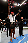 NEWARK, NJ - APRIL 27:   UFC Light Heavyweight Champion Jon "Bones" Jones reacts after defeating Chael Sonnen in their light heavyweight championship fight during the UFC 159 event at the Prudential Center on April 27, 2013 in Newark, New Jersey.  (Photo by Josh Hedges/Zuffa LLC/Zuffa LLC via Getty Images)