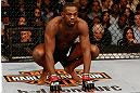 NEWARK, NJ - APRIL 27:   UFC Light Heavyweight Champion Jon "Bones" Jones stands in the Octagon before his light heavyweight championship fight against Chael Sonnen during the UFC 159 event at the Prudential Center on April 27, 2013 in Newark, New Jersey.  (Photo by Josh Hedges/Zuffa LLC/Zuffa LLC via Getty Images)