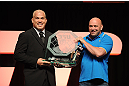 LAS VEGAS, NV - JULY 7:   (L-R) Tito Ortiz accepts the UFC Hall of Fame trophy from UFC President Dana White during the UFC Fan Expo at the Mandalay Bay Convention Center on July 7, 2012 in Las Vegas, Nevada.  (Photo by Al Powers/Zuffa LLC/Zuffa LLC via Getty Images)  *** Local Caption ***