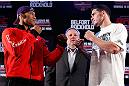 JARAGUA DO SUL, BRAZIL - MAY 16:   (L-R) Opponents Ronaldo "Jacare" Souza and Chris Camozzi face off during media day for the UFC on FX event on May 16, 2013 at the Sociedade Cultura Artistica in Jaragua do Sul, Santa Catarina, Brazil.  (Photo by Josh Hedges/Zuffa LLC/Zuffa LLC via Getty Images)