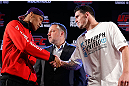 JARAGUA DO SUL, BRAZIL - MAY 16:   (L-R) Opponents Ronaldo "Jacare" Souza and Chris Camozzi shake hands during media day for the UFC on FX event on May 16, 2013 at the Sociedade Cultura Artistica in Jaragua do Sul, Santa Catarina, Brazil.  (Photo by Josh Hedges/Zuffa LLC/Zuffa LLC via Getty Images)