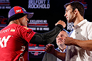 JARAGUA DO SUL, BRAZIL - MAY 16:   (L-R) Opponents Vitor Belfort and Luke Rockhold face off during media day for the UFC on FX event on May 16, 2013 at the Sociedade Cultura Artistica in Jaragua do Sul, Santa Catarina, Brazil.  (Photo by Josh Hedges/Zuffa LLC/Zuffa LLC via Getty Images)