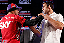 JARAGUA DO SUL, BRAZIL - MAY 16:   (L-R) Opponents Vitor Belfort and Luke Rockhold face off during media day for the UFC on FX event on May 16, 2013 at the Sociedade Cultura Artistica in Jaragua do Sul, Santa Catarina, Brazil.  (Photo by Josh Hedges/Zuffa LLC/Zuffa LLC via Getty Images)