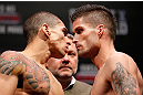 JARAGUA DO SUL, BRAZIL - MAY 17: (L-R) Opponents Lucas Martins and Jeremy Larsen face off during the UFC on FX weigh-in on May 17, 2013 at the Arena Jaragua in Jaragua do Sul, Santa Catarina, Brazil. (Photo by Josh Hedges/Zuffa LLC/Zuffa LLC via Getty Images)