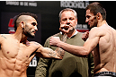 JARAGUA DO SUL, BRAZIL - MAY 17: (L-R) Opponents John Lineker and Azamat Gashimov face off during the UFC on FX weigh-in on May 17, 2013 at the Arena Jaragua in Jaragua do Sul, Santa Catarina, Brazil. (Photo by Josh Hedges/Zuffa LLC/Zuffa LLC via Getty Images)