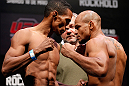 JARAGUA DO SUL, BRAZIL - MAY 17: (L-R) Opponents Yuri Alcantara and Iliarde Santos face off during the UFC on FX weigh-in on May 17, 2013 at the Arena Jaragua in Jaragua do Sul, Santa Catarina, Brazil. (Photo by Josh Hedges/Zuffa LLC/Zuffa LLC via Getty Images)