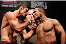 JARAGUA DO SUL, BRAZIL - MAY 17: (L-R) Opponents Paulo Thiago and Michel Prazeres face off during the UFC on FX weigh-in on May 17, 2013 at the Arena Jaragua in Jaragua do Sul, Santa Catarina, Brazil. (Photo by Josh Hedges/Zuffa LLC/Zuffa LLC via Getty Images)