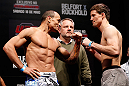 JARAGUA DO SUL, BRAZIL - MAY 17: (L-R) Opponents Gleison Tibau and John Cholish face off during the UFC on FX weigh-in on May 17, 2013 at the Arena Jaragua in Jaragua do Sul, Santa Catarina, Brazil. (Photo by Josh Hedges/Zuffa LLC/Zuffa LLC via Getty Images)