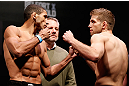 JARAGUA DO SUL, BRAZIL - MAY 17: (L-R) Opponents Hacran Dias and Nik Lentz face off during the UFC on FX weigh-in on May 17, 2013 at the Arena Jaragua in Jaragua do Sul, Santa Catarina, Brazil. (Photo by Josh Hedges/Zuffa LLC/Zuffa LLC via Getty Images)