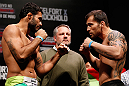 JARAGUA DO SUL, BRAZIL - MAY 17: (L-R) Opponents Rafael Natal and Joao Zeferino face off during the UFC on FX weigh-in on May 17, 2013 at the Arena Jaragua in Jaragua do Sul, Santa Catarina, Brazil. (Photo by Josh Hedges/Zuffa LLC/Zuffa LLC via Getty Images)