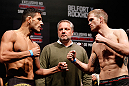 JARAGUA DO SUL, BRAZIL - MAY 17: (L-R) Opponents Rafael dos Anjos and Evan Dunham face off during the UFC on FX weigh-in on May 17, 2013 at the Arena Jaragua in Jaragua do Sul, Santa Catarina, Brazil. (Photo by Josh Hedges/Zuffa LLC/Zuffa LLC via Getty Images)