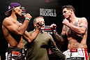 JARAGUA DO SUL, BRAZIL - MAY 17: (L-R) Opponents Ronaldo 'Jacare' Souza and Chris Camozzi face off during the UFC on FX weigh-in on May 17, 2013 at the Arena Jaragua in Jaragua do Sul, Santa Catarina, Brazil. (Photo by Josh Hedges/Zuffa LLC/Zuffa LLC via Getty Images)