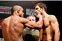 JARAGUA DO SUL, BRAZIL - MAY 17: (L-R) Opponents Vitor Belfort and Luke Rockhold face off during the UFC on FX weigh-in on May 17, 2013 at the Arena Jaragua in Jaragua do Sul, Santa Catarina, Brazil. (Photo by Josh Hedges/Zuffa LLC/Zuffa LLC via Getty Images)
