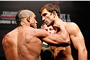 JARAGUA DO SUL, BRAZIL - MAY 17: (L-R) Opponents Vitor Belfort and Luke Rockhold face off during the UFC on FX weigh-in on May 17, 2013 at the Arena Jaragua in Jaragua do Sul, Santa Catarina, Brazil. (Photo by Josh Hedges/Zuffa LLC/Zuffa LLC via Getty Images)
