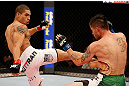 JARAGUA DO SUL, BRAZIL - MAY 18: (L-R) Lucas Martins kicks Jeremy Larsen in their lightweight bout during the UFC on FX event on May 18, 2013 at Arena Jaragua in Jaragua do Sul, Santa Catarina, Brazil. (Photo by Josh Hedges/Zuffa LLC/Zuffa LLC via Getty Images)