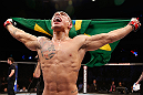 JARAGUA DO SUL, BRAZIL - MAY 18: Lucas Martins reacts after knocking out Jeremy Larsen in their lightweight bout during the UFC on FX event on May 18, 2013 at Arena Jaragua in Jaragua do Sul, Santa Catarina, Brazil. (Photo by Josh Hedges/Zuffa LLC/Zuffa LLC via Getty Images)