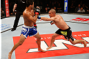 JARAGUA DO SUL, BRAZIL - MAY 18:   (R-L) Chris Cariaso punches Jussier Formiga in their flyweight bout during the UFC on FX event on May 18, 2013 at Arena Jaragua in Jaragua do Sul, Santa Catarina, Brazil.  (Photo by Josh Hedges/Zuffa LLC/Zuffa LLC via Getty Images)
