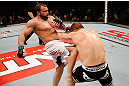 JARAGUA DO SUL, BRAZIL - MAY 18: (L-R) Roger Hollett knees Fabio Maldonado in their light heavyweight bout during the UFC on FX event on May 18, 2013 at Arena Jaragua in Jaragua do Sul, Santa Catarina, Brazil. (Photo by Josh Hedges/Zuffa LLC/Zuffa LLC via Getty Images)
