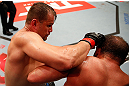 JARAGUA DO SUL, BRAZIL - MAY 18: (L-R) Fabio Maldonado punches Roger Hollett in their light heavyweight bout during the UFC on FX event on May 18, 2013 at Arena Jaragua in Jaragua do Sul, Santa Catarina, Brazil. (Photo by Josh Hedges/Zuffa LLC/Zuffa LLC via Getty Images)