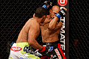 JARAGUA DO SUL, BRAZIL - MAY 18: (L-R) Yuri Alcantara punches Iliarde Santos in their bantamweight bout during the UFC on FX event on May 18, 2013 at Arena Jaragua in Jaragua do Sul, Santa Catarina, Brazil. (Photo by Josh Hedges/Zuffa LLC/Zuffa LLC via Getty Images)