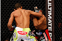 JARAGUA DO SUL, BRAZIL - MAY 18: (L-R) Yuri Alcantara punches Iliarde Santos in their bantamweight bout during the UFC on FX event on May 18, 2013 at Arena Jaragua in Jaragua do Sul, Santa Catarina, Brazil. (Photo by Josh Hedges/Zuffa LLC/Zuffa LLC via Getty Images)