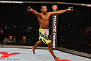 JARAGUA DO SUL, BRAZIL - MAY 18: Yuri Alcantara reacts after knocking out Iliarde Santos in their bantamweight bout during the UFC on FX event on May 18, 2013 at Arena Jaragua in Jaragua do Sul, Santa Catarina, Brazil. (Photo by Josh Hedges/Zuffa LLC/Zuffa LLC via Getty Images)