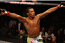 JARAGUA DO SUL, BRAZIL - MAY 18: Yuri Alcantara reacts after knocking out Iliarde Santos in their bantamweight bout during the UFC on FX event on May 18, 2013 at Arena Jaragua in Jaragua do Sul, Santa Catarina, Brazil. (Photo by Josh Hedges/Zuffa LLC/Zuffa LLC via Getty Images)