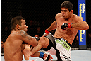 JARAGUA DO SUL, BRAZIL - MAY 18:   (R-L) Paulo Thiago kicks Michel Prazeres in their welterweight bout during the UFC on FX event on May 18, 2013 at Arena Jaragua in Jaragua do Sul, Santa Catarina, Brazil.  (Photo by Josh Hedges/Zuffa LLC/Zuffa LLC via Getty Images)