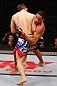 JARAGUA DO SUL, BRAZIL - MAY 18: (R-L) Hacran Dias attempts to take down Nik Lentz in their featherweight bout during the UFC on FX event on May 18, 2013 at Arena Jaragua in Jaragua do Sul, Santa Catarina, Brazil. (Photo by Josh Hedges/Zuffa LLC/Zuffa LLC via Getty Images)
