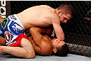JARAGUA DO SUL, BRAZIL - MAY 18: (L-R) Nik Lentz elbows Hacran Dias in their featherweight bout during the UFC on FX event on May 18, 2013 at Arena Jaragua in Jaragua do Sul, Santa Catarina, Brazil. (Photo by Josh Hedges/Zuffa LLC/Zuffa LLC via Getty Images)