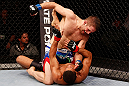 JARAGUA DO SUL, BRAZIL - MAY 18: (L-R) Nik Lentz punches Hacran Dias in their featherweight bout during the UFC on FX event on May 18, 2013 at Arena Jaragua in Jaragua do Sul, Santa Catarina, Brazil. (Photo by Josh Hedges/Zuffa LLC/Zuffa LLC via Getty Images)