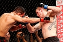 JARAGUA DO SUL, BRAZIL - MAY 18:   (R-L) Evan Dunham punches Rafael dos Anjos in their lightweight bout during the UFC on FX event on May 18, 2013 at Arena Jaragua in Jaragua do Sul, Santa Catarina, Brazil.  (Photo by Josh Hedges/Zuffa LLC/Zuffa LLC via Getty Images)