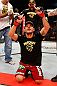 JARAGUA DO SUL, BRAZIL - MAY 18:   Rafael dos Anjos reacts after defeating Evan Dunham in their lightweight bout during the UFC on FX event on May 18, 2013 at Arena Jaragua in Jaragua do Sul, Santa Catarina, Brazil.  (Photo by Josh Hedges/Zuffa LLC/Zuffa LLC via Getty Images)