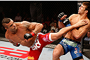 JARAGUA DO SUL, BRAZIL - MAY 18: (L-R) Vitor Belfort knocks out Luke Rockhold with a spinning heel kick in their middleweight bout during the UFC on FX event on May 18, 2013 at Arena Jaragua in Jaragua do Sul, Santa Catarina, Brazil. (Photo by Josh Hedges/Zuffa LLC/Zuffa LLC via Getty Images)